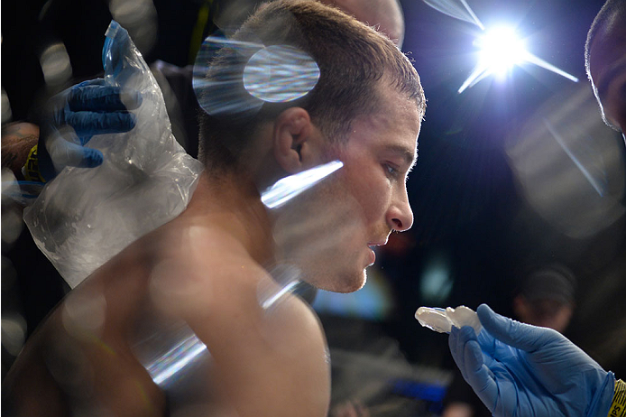 BANGOR, ME - AUGUST 16: Zach Makovsky sits in his corner between rounds against Jussier Formiga in their flyweight bout during the UFC fight night event at the Cross Insurance Center on August 16, 2014 in Bangor, Maine. (Photo by Jeff Bottari/Zuffa LLC/Z
