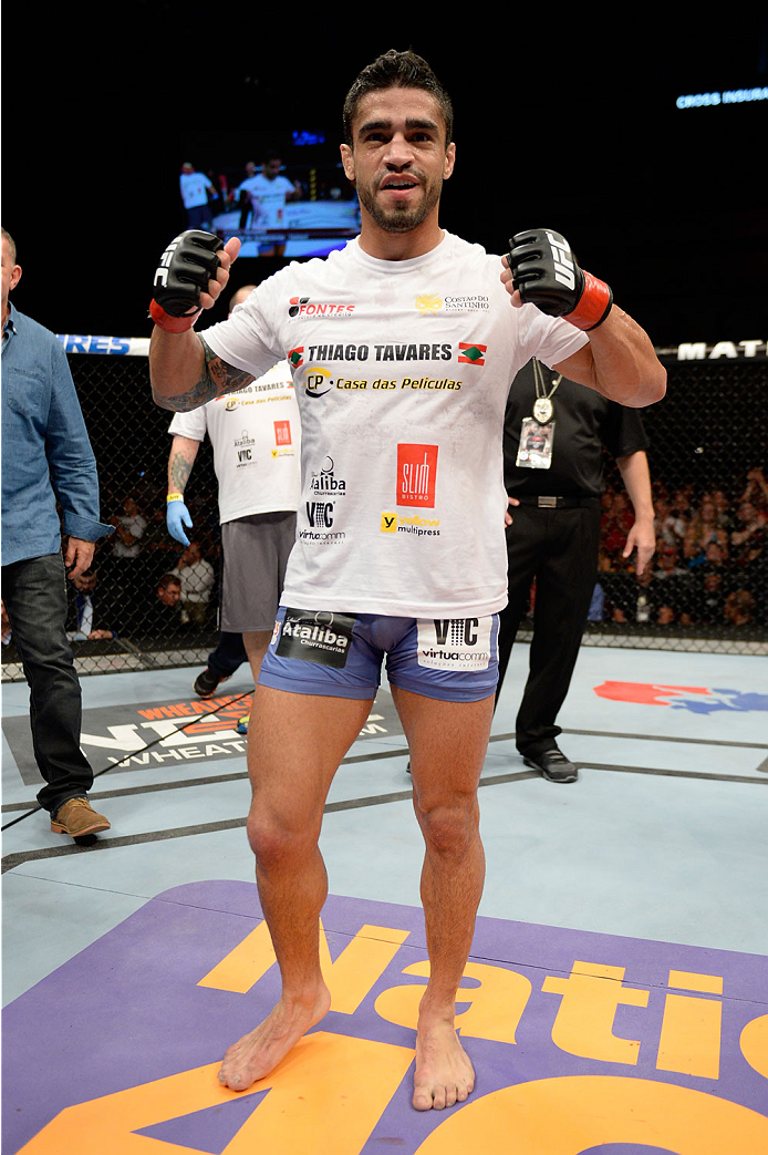 BANGOR, ME - AUGUST 16: Thiago Tavares celebrates after defeating Robbie Peralta in their featherweight bout during the UFC fight night event at the Cross Insurance Center on August 16, 2014 in Bangor, Maine. (Photo by Jeff Bottari/Zuffa LLC/Zuffa LLC vi