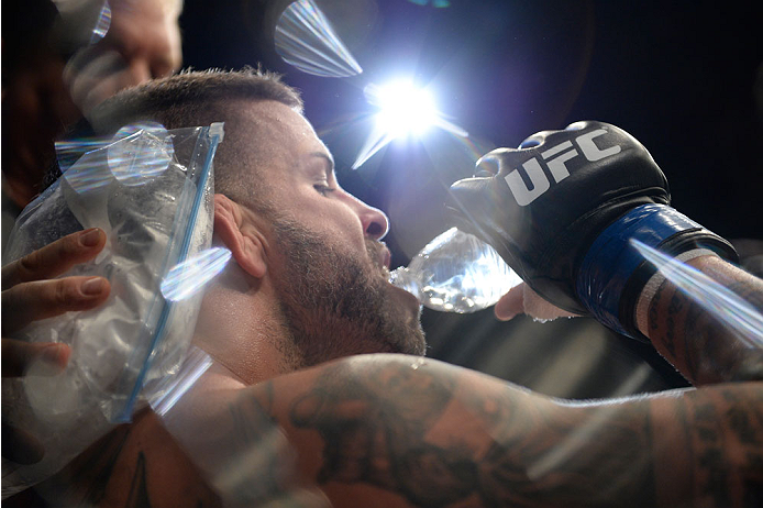 BANGOR, ME - AUGUST 16: Jack May rests in his corner between rounds against Shawn Jordan in their heavyweight bout during the UFC fight night event at the Cross Insurance Center on August 16, 2014 in Bangor, Maine. (Photo by Jeff Bottari/Zuffa LLC/Zuffa