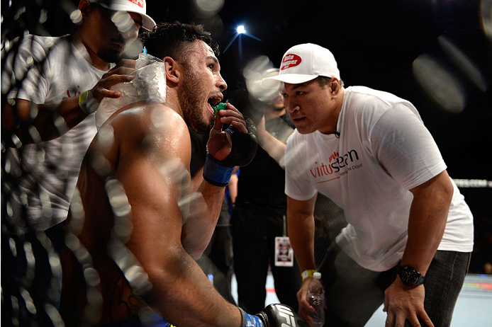 BANGOR, ME - AUGUST 16: Brad Tavares rest in his corner between rounds against Tim Boetsch in their middleweight bout during the UFC fight night event at the Cross Insurance Center on August 16, 2014 in Bangor, Maine. (Photo by Jeff Bottari/Zuffa LLC/Zuf