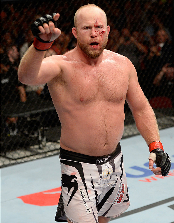 BANGOR, ME - AUGUST 16: Tim Boetsch celebrates after knocking out Brad Tavares in their middleweight bout during the UFC fight night event at the Cross Insurance Center on August 16, 2014 in Bangor, Maine. (Photo by Jeff Bottari/Zuffa LLC/Zuffa LLC via G