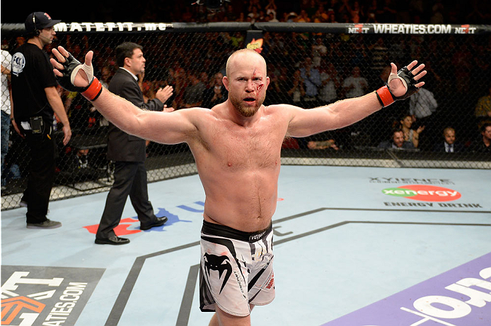 BANGOR, ME - AUGUST 16: Tim Boetsch celebrates after knocking out Brad Tavares in their middleweight bout during the UFC fight night event at the Cross Insurance Center on August 16, 2014 in Bangor, Maine. (Photo by Jeff Bottari/Zuffa LLC/Zuffa LLC via G
