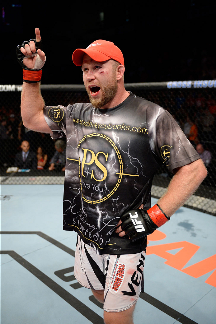 BANGOR, ME - AUGUST 16: Tim Boetsch celebrates after defeating Brad Tavares in their middleweight bout during the UFC fight night event at the Cross Insurance Center on August 16, 2014 in Bangor, Maine. (Photo by Jeff Bottari/Zuffa LLC/Zuffa LLC via Gett