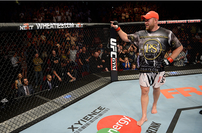 BANGOR, ME - AUGUST 16: Tim Boetsch celebrates after defeating Brad Tavares in their middleweight bout during the UFC fight night event at the Cross Insurance Center on August 16, 2014 in Bangor, Maine. (Photo by Jeff Bottari/Zuffa LLC/Zuffa LLC via Gett