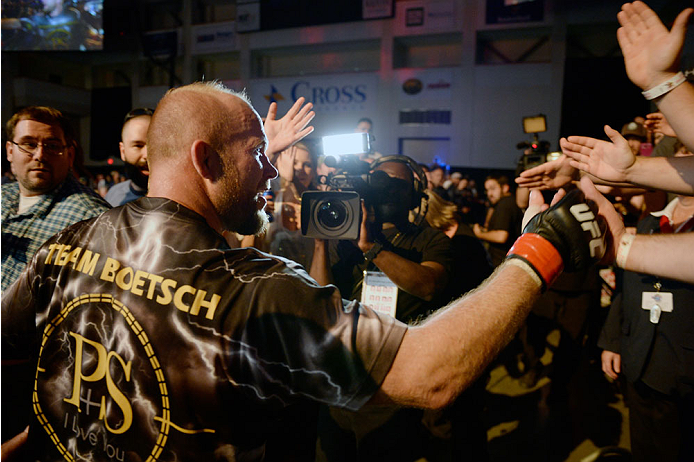 BANGOR, ME - AUGUST 16: Tim Boetsch celebrates with the fans after defeating Brad Tavares in their middleweight bout during the UFC fight night event at the Cross Insurance Center on August 16, 2014 in Bangor, Maine. (Photo by Jeff Bottari/Zuffa LLC/Zuff
