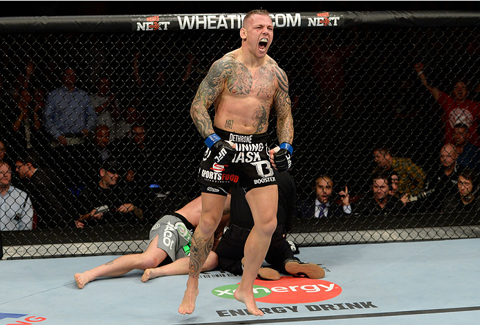 BANGOR, ME - AUGUST 16: Ross Pearson celebrates after knocking out Gray Maynard in their lightweight bout during the UFC fight night event at the Cross Insurance Center on August 16, 2014 in Bangor, Maine. (Photo by Jeff Bottari/Zuffa LLC/Zuffa LLC via G
