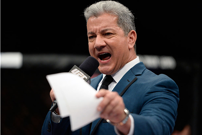 BANGOR, ME - AUGUST 16: UFC Octagon announcer Bruce Buffer introduces Ryan Bader and Ovince Saint Preux in their light heavyweight bout during the UFC fight night event at the Cross Insurance Center on August 16, 2014 in Bangor, Maine. (Photo by Jeff Bot