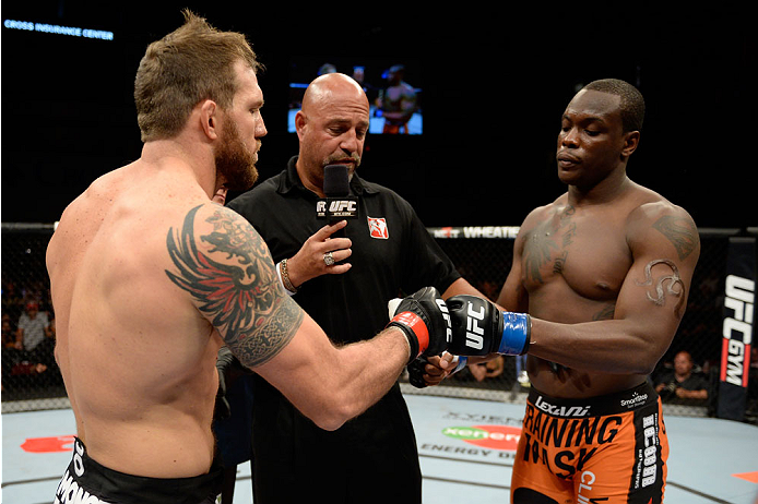 BANGOR, ME - AUGUST 16: (L-R) Ryan Bader and Ovince Saint Preux touch gloves in their light heavyweight bout during the UFC fight night event at the Cross Insurance Center on August 16, 2014 in Bangor, Maine. (Photo by Jeff Bottari/Zuffa LLC/Zuffa LLC vi