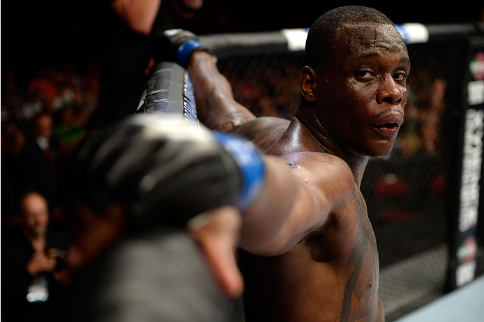 BANGOR, ME - AUGUST 16: Ovince Saint Preux rests in his corner between rounds against Ryan Bader in their light heavyweight bout during the UFC fight night event at the Cross Insurance Center on August 16, 2014 in Bangor, Maine. (Photo by Jeff Bottari/Zu