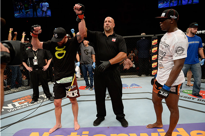BANGOR, ME - AUGUST 16: (L-R) Ryan Bader celebrates after defeating Ovince Saint Preux by majority decision in their light heavyweight bout during the UFC fight night event at the Cross Insurance Center on August 16, 2014 in Bangor, Maine. (Photo by Jeff