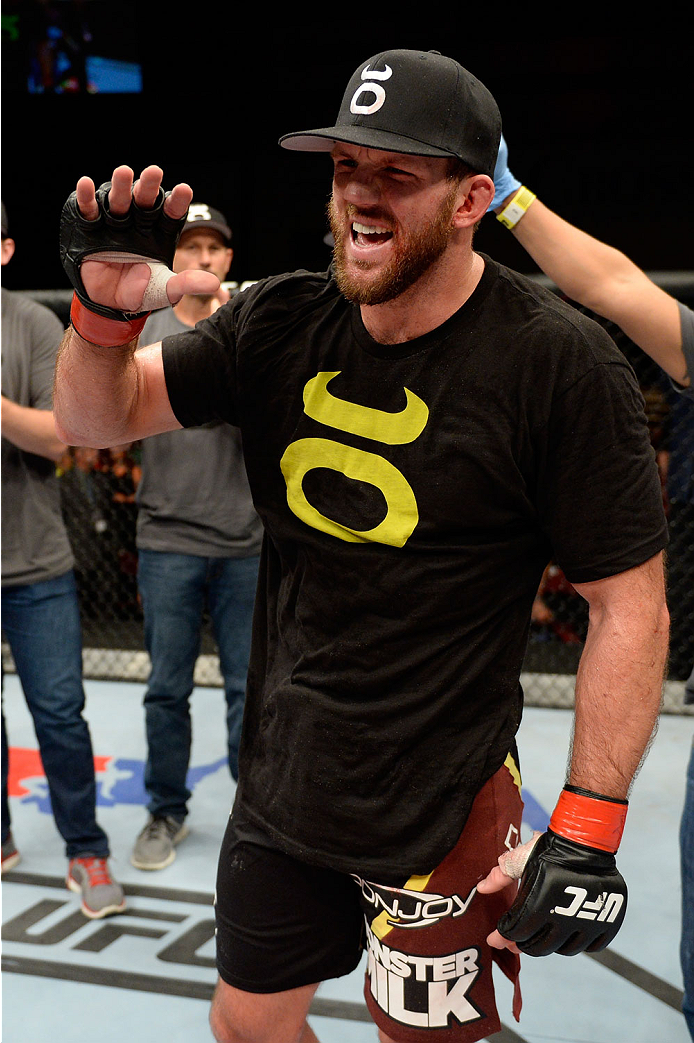 BANGOR, ME - AUGUST 16: Ryan Bader celebrates after defeating Ovince Saint Preux in their light heavyweight bout during the UFC fight night event at the Cross Insurance Center on August 16, 2014 in Bangor, Maine. (Photo by Jeff Bottari/Zuffa LLC/Zuffa LL