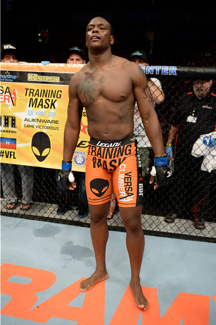 BANGOR, ME - AUGUST 16: Ovince Saint Preux stands in his corner before facing Ryan Bader in their light heavyweight bout during the UFC fight night event at the Cross Insurance Center on August 16, 2014 in Bangor, Maine. (Photo by Jeff Bottari/Zuffa LLC/