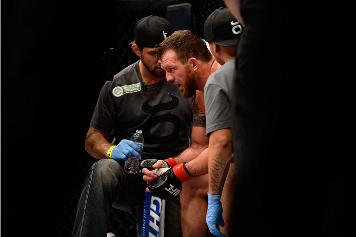 BANGOR, ME - AUGUST 16: Ryan Bader rests in his corner between rounds against Ovince Saint Preux in their light heavyweight bout during the UFC fight night event at the Cross Insurance Center on August 16, 2014 in Bangor, Maine. (Photo by Jeff Bottari/Zu
