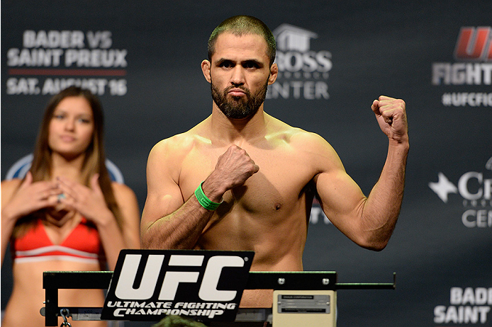 BANGOR, ME - AUG 15: Frankie Saenz steps on the scale during the UFC fight night weigh-in at the Cross Insurance Center on August 15, 2014 in Bangor, Maine. (Photo by Jeff Bottari/Zuffa LLC/Zuffa LLC via Getty Images)