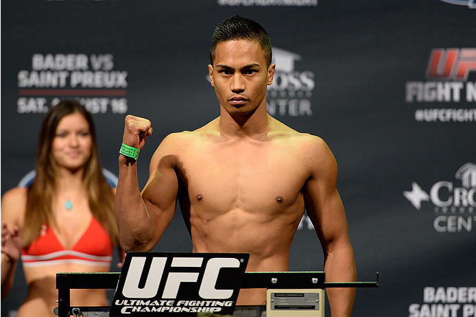 BANGOR, ME - AUG 15: Nolan Ticman steps on the scale during the UFC fight night weigh-in at the Cross Insurance Center on August 15, 2014 in Bangor, Maine. (Photo by Jeff Bottari/Zuffa LLC/Zuffa LLC via Getty Images)