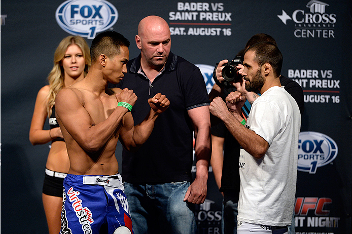 BANGOR, ME - AUG 15: (L-R) Nolan Ticman and Frankie Saenz face off during the UFC fight night weigh-in at the Cross Insurance Center on August 15, 2014 in Bangor, Maine. (Photo by Jeff Bottari/Zuffa LLC/Zuffa LLC via Getty Images)