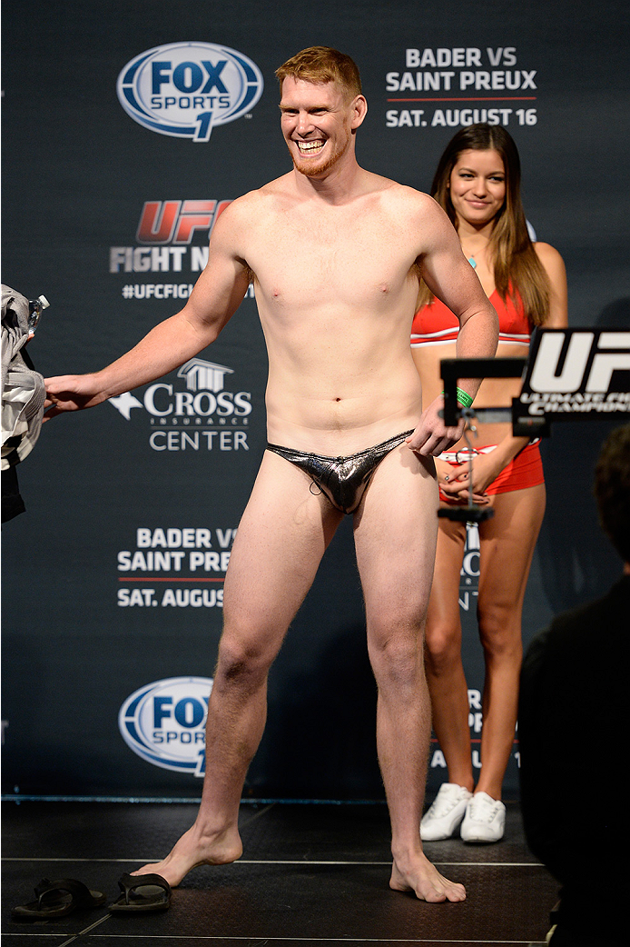 BANGOR, ME - AUG 15: Sam Alvey walks on stage during the UFC fight night weigh-in at the Cross Insurance Center on August 15, 2014 in Bangor, Maine. (Photo by Jeff Bottari/Zuffa LLC/Zuffa LLC via Getty Images)