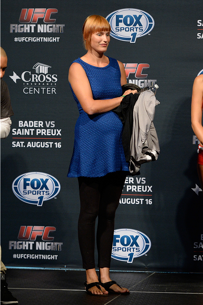 BANGOR, ME - AUG 15: Model McKey Sullivan stands on stage during the UFC fight night weigh-in at the Cross Insurance Center on August 15, 2014 in Bangor, Maine. (Photo by Jeff Bottari/Zuffa LLC/Zuffa LLC via Getty Images)