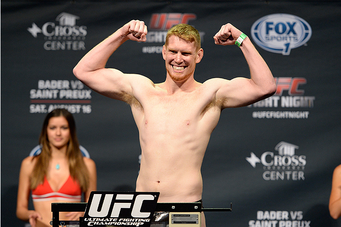 BANGOR, ME - AUG 15: Sam Alvey steps on the scale during the UFC fight night weigh-in at the Cross Insurance Center on August 15, 2014 in Bangor, Maine. (Photo by Jeff Bottari/Zuffa LLC/Zuffa LLC via Getty Images)