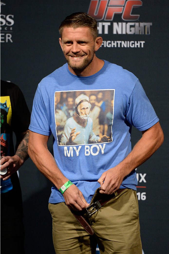 BANGOR, ME - AUG 15: Tom Watson stands on stage during the UFC fight night weigh-in at the Cross Insurance Center on August 15, 2014 in Bangor, Maine. (Photo by Jeff Bottari/Zuffa LLC/Zuffa LLC via Getty Images)