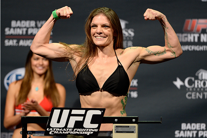 BANGOR, ME - AUG 15: Lauren Murphy steps on the scale during the UFC fight night weigh-in at the Cross Insurance Center on August 15, 2014 in Bangor, Maine. (Photo by Jeff Bottari/Zuffa LLC/Zuffa LLC via Getty Images)