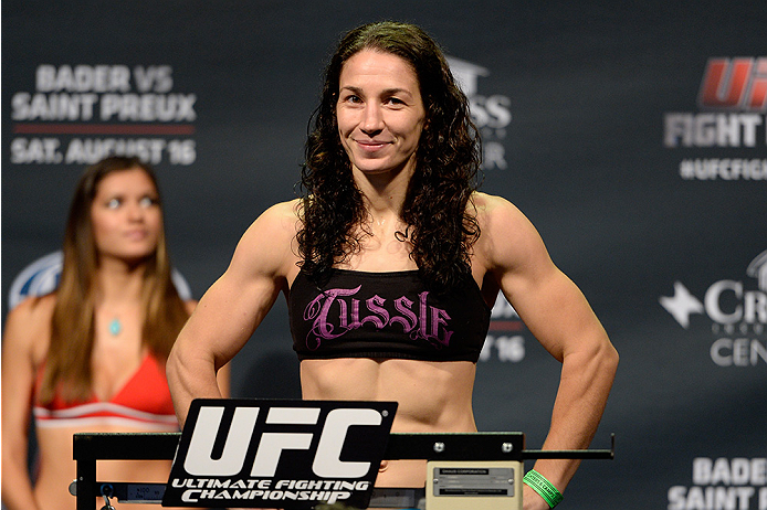 BANGOR, ME - AUG 15: Sara McMann steps on the scale during the UFC fight night weigh-in at the Cross Insurance Center on August 15, 2014 in Bangor, Maine. (Photo by Jeff Bottari/Zuffa LLC/Zuffa LLC via Getty Images)