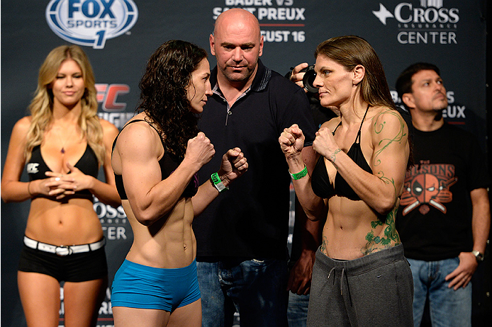 BANGOR, ME - AUG 15: (L-R) Sara McMann and Lauren Murphy face off during the UFC fight night weigh-in at the Cross Insurance Center on August 15, 2014 in Bangor, Maine. (Photo by Jeff Bottari/Zuffa LLC/Zuffa LLC via Getty Images)