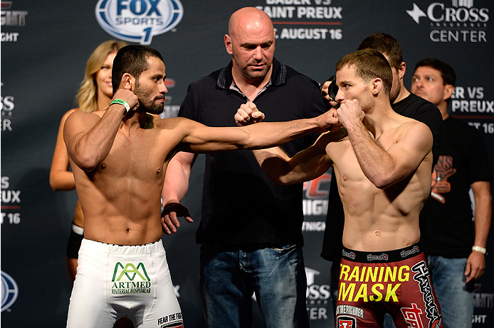 BANGOR, ME - AUG 15: (L-R) Jussier Formiga and Zach Makovsky face off during the UFC fight night weigh-in at the Cross Insurance Center on August 15, 2014 in Bangor, Maine. (Photo by Jeff Bottari/Zuffa LLC/Zuffa LLC via Getty Images)