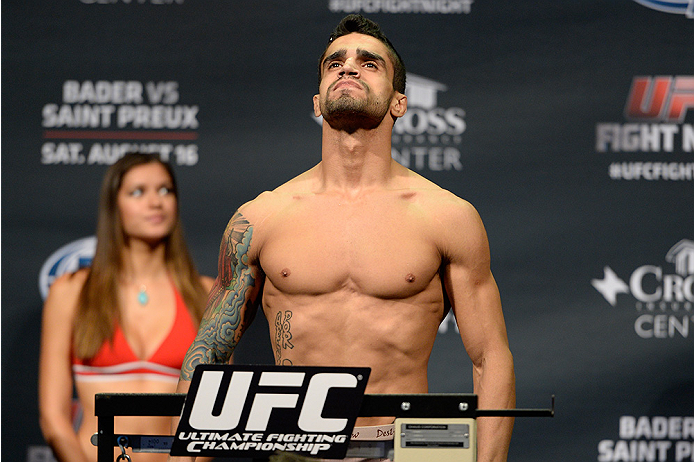 BANGOR, ME - AUG 15: Thiago Tavares steps on the scale during the UFC fight night weigh-in at the Cross Insurance Center on August 15, 2014 in Bangor, Maine. (Photo by Jeff Bottari/Zuffa LLC/Zuffa LLC via Getty Images)