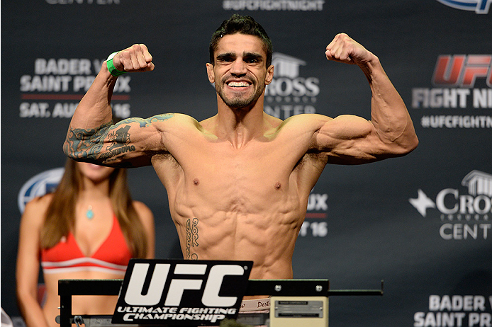 BANGOR, ME - AUG 15: Thiago Tavares of Brazil steps on the scale during the UFC fight night weigh-in at the Cross Insurance Center on August 15, 2014 in Bangor, Maine. (Photo by Jeff Bottari/Zuffa LLC/Zuffa LLC via Getty Images)
