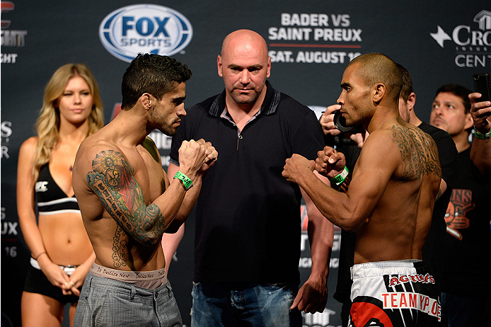 BANGOR, ME - AUG 15: (L-R) Thiago Tavares and Robbie Peralta face off during the UFC fight night weigh-in at the Cross Insurance Center on August 15, 2014 in Bangor, Maine. (Photo by Jeff Bottari/Zuffa LLC/Zuffa LLC via Getty Images)