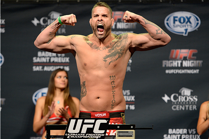 BANGOR, ME - AUG 15: Jack May steps on the scale during the UFC fight night weigh-in at the Cross Insurance Center on August 15, 2014 in Bangor, Maine. (Photo by Jeff Bottari/Zuffa LLC/Zuffa LLC via Getty Images)