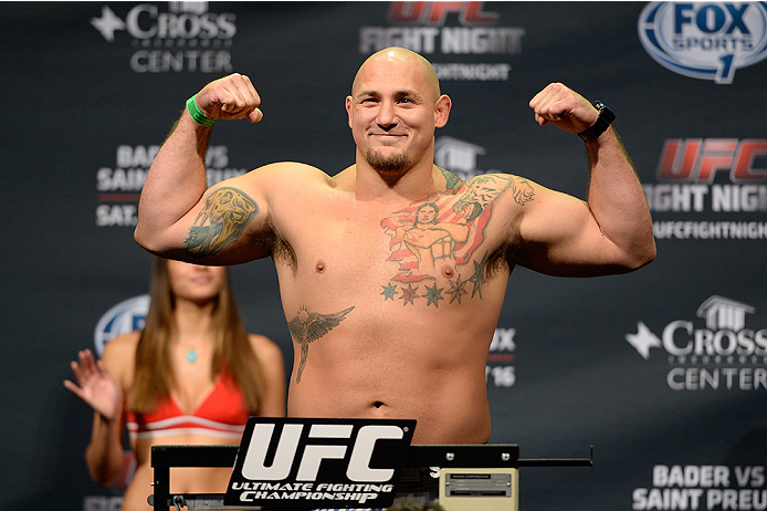BANGOR, ME - AUG 15: Shawn Jordan steps on the scale during the UFC fight night weigh-in at the Cross Insurance Center on August 15, 2014 in Bangor, Maine. (Photo by Jeff Bottari/Zuffa LLC/Zuffa LLC via Getty Images)