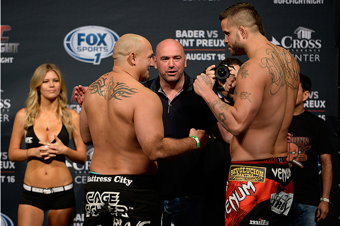 BANGOR, ME - AUG 15: (L-R) Shawn Jordan and Jack May face off during the UFC fight night weigh-in at the Cross Insurance Center on August 15, 2014 in Bangor, Maine. (Photo by Jeff Bottari/Zuffa LLC/Zuffa LLC via Getty Images)