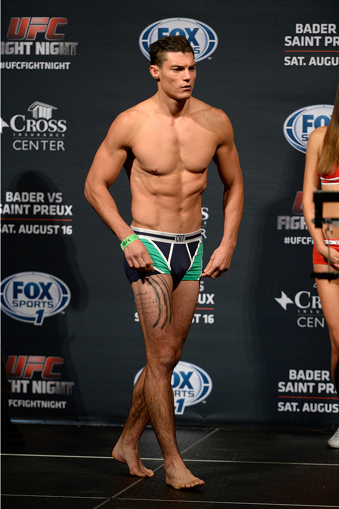 BANGOR, ME - AUG 15: Alan Jouban walks on stage during the UFC fight night weigh-in at the Cross Insurance Center on August 15, 2014 in Bangor, Maine. (Photo by Jeff Bottari/Zuffa LLC/Zuffa LLC via Getty Images)