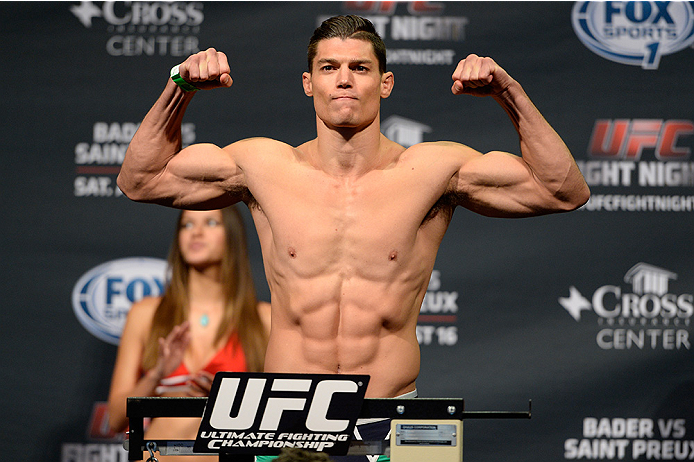 BANGOR, ME - AUG 15: Alan Jouban steps on the scale during the UFC fight night weigh-in at the Cross Insurance Center on August 15, 2014 in Bangor, Maine. (Photo by Jeff Bottari/Zuffa LLC/Zuffa LLC via Getty Images)