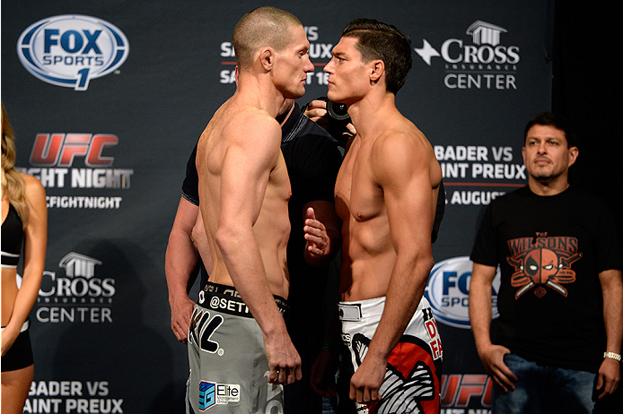 BANGOR, ME - AUG 15: (L-R) Seth Baczynski and Alan Jouban face off during the UFC fight night weigh-in at the Cross Insurance Center on August 15, 2014 in Bangor, Maine. (Photo by Jeff Bottari/Zuffa LLC/Zuffa LLC via Getty Images)