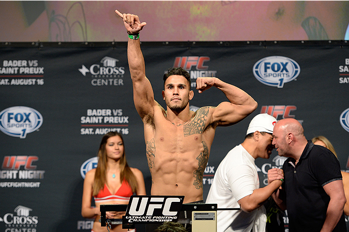 BANGOR, ME - AUG 15: Brad Tavares steps on the scale during the UFC fight night weigh-in at the Cross Insurance Center on August 15, 2014 in Bangor, Maine. (Photo by Jeff Bottari/Zuffa LLC/Zuffa LLC via Getty Images)