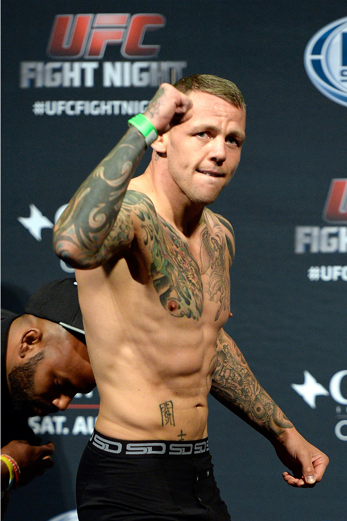 BANGOR, ME - AUG 15: Ross Pearson walks on stage during the UFC fight night weigh-in at the Cross Insurance Center on August 15, 2014 in Bangor, Maine. (Photo by Jeff Bottari/Zuffa LLC/Zuffa LLC via Getty Images)