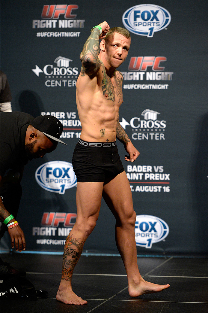BANGOR, ME - AUG 15: Ross Pearson walks on stage during the UFC fight night weigh-in at the Cross Insurance Center on August 15, 2014 in Bangor, Maine. (Photo by Jeff Bottari/Zuffa LLC/Zuffa LLC via Getty Images)