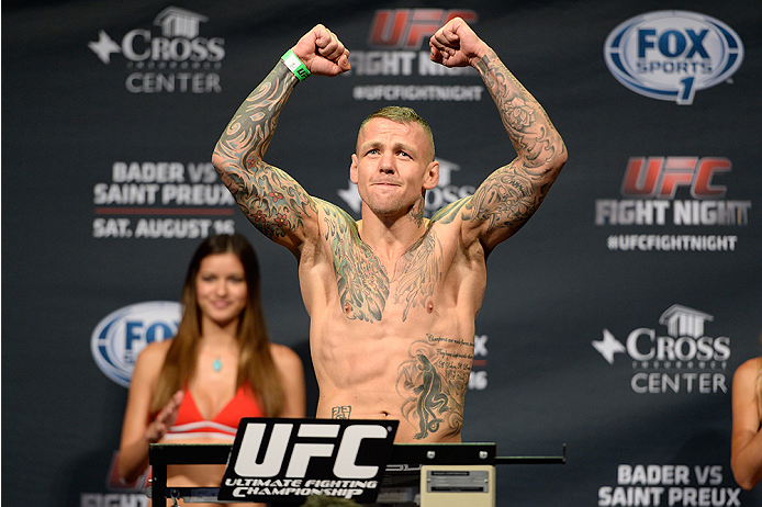 BANGOR, ME - AUG 15: Ross Pearson steps on the scale during the UFC fight night weigh-in at the Cross Insurance Center on August 15, 2014 in Bangor, Maine. (Photo by Jeff Bottari/Zuffa LLC/Zuffa LLC via Getty Images)