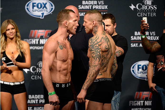 BANGOR, ME - AUG 15: (L-R) Gray Maynard and Ross Pearson face off during the UFC fight night weigh-in at the Cross Insurance Center on August 15, 2014 in Bangor, Maine. (Photo by Jeff Bottari/Zuffa LLC/Zuffa LLC via Getty Images)