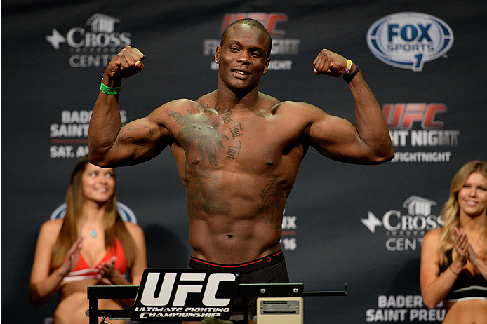 BANGOR, ME - AUG 15: Ovince Saint Preux steps on the scale during the UFC fight night weigh-in at the Cross Insurance Center on August 15, 2014 in Bangor, Maine. (Photo by Jeff Bottari/Zuffa LLC/Zuffa LLC via Getty Images)