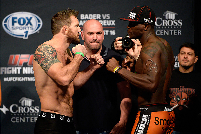 BANGOR, ME - AUG 15: (L-R) Ryan Bader and Ovince Saint Preux face off during the UFC fight night weigh-in at the Cross Insurance Center on August 15, 2014 in Bangor, Maine. (Photo by Jeff Bottari/Zuffa LLC/Zuffa LLC via Getty Images)