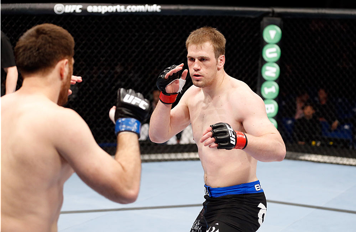 BERLIN, GERMANY - MAY 31: Ruslan Magomedov (L) fights Viktor Pesta during the Ruslan Magomedov vs. Viktor Pesta at UFC Fight Night Berlin event at O2 World on May 31, 2014 in Berlin, Germany. (Photo by Boris Streubel/Zuffa LLC/Zuffa LLC via Getty Images)