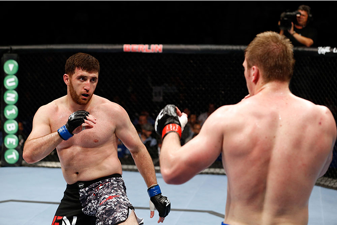 BERLIN, GERMANY - MAY 31: Ruslan Magomedov (L) fights Viktor Pesta during the Ruslan Magomedov vs. Viktor Pesta at UFC Fight Night Berlin event at O2 World on May 31, 2014 in Berlin, Germany. (Photo by Boris Streubel/Zuffa LLC/Zuffa LLC via Getty Images)