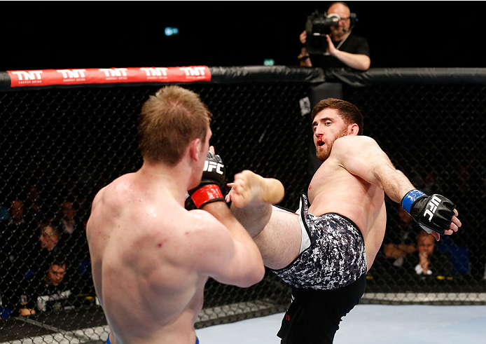 BERLIN, GERMANY - MAY 31: Ruslan Magomedov (R) fights Viktor Pesta during the Ruslan Magomedov vs. Viktor Pesta at UFC Fight Night Berlin event at O2 World on May 31, 2014 in Berlin, Germany. (Photo by Boris Streubel/Zuffa LLC/Zuffa LLC via Getty Images)