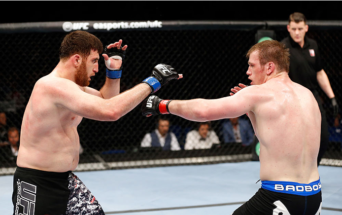BERLIN, GERMANY - MAY 31: Ruslan Magomedov (L) fights Viktor Pesta during the Ruslan Magomedov vs. Viktor Pesta at UFC Fight Night Berlin event at O2 World on May 31, 2014 in Berlin, Germany. (Photo by Boris Streubel/Zuffa LLC/Zuffa LLC via Getty Images)