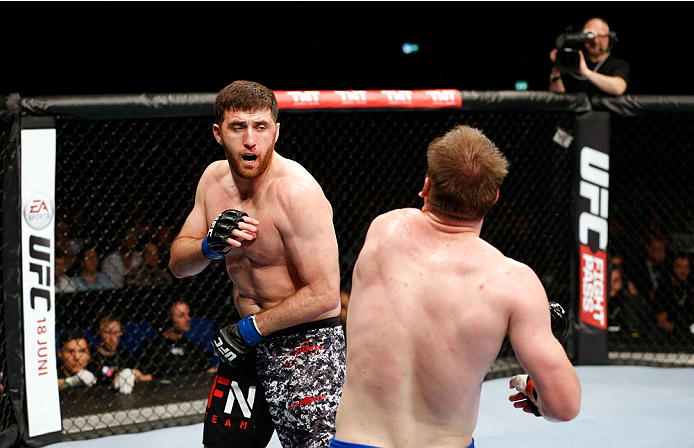 BERLIN, GERMANY - MAY 31: Ruslan Magomedov (L) fights Viktor Pesta during the Ruslan Magomedov vs. Viktor Pesta at UFC Fight Night Berlin event at O2 World on May 31, 2014 in Berlin, Germany. (Photo by Boris Streubel/Zuffa LLC/Zuffa LLC via Getty Images)