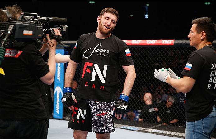 BERLIN, GERMANY - MAY 31: Ruslan Magomedov after winning the the Ruslan Magomedov vs. Viktor Pesta at UFC Fight Night Berlin event at O2 World on May 31, 2014 in Berlin, Germany. (Photo by Boris Streubel/Zuffa LLC/Zuffa LLC via Getty Images)